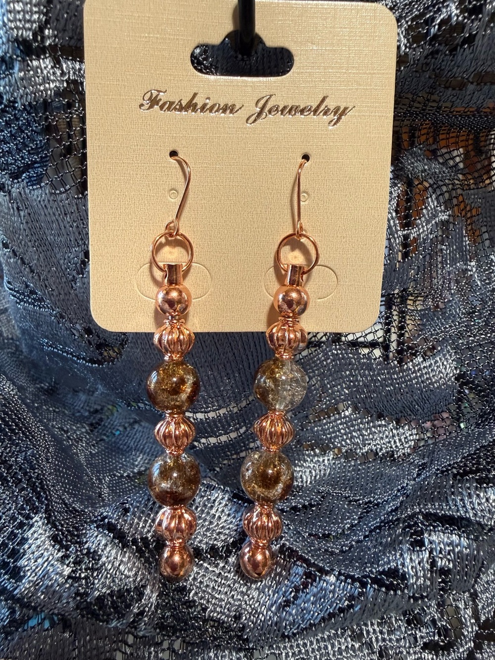 Rose Gold and Brown Beaded Drop Earrings